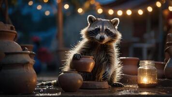 A raccoon playfully interacts with clay pots in a cozy, illuminated outdoor setting. photo
