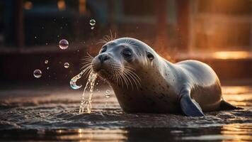 A playful seal blowing bubbles while lounging by the water's edge. photo