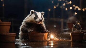 A playful badger interacts with flower pots in a whimsical, illuminated setting. photo