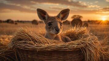 A kangaroo joey nestled in a basket surrounded by hay at sunset. photo