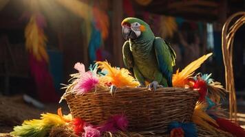 A vibrant parrot perched in a basket surrounded by colorful feathers in a rustic setting. photo
