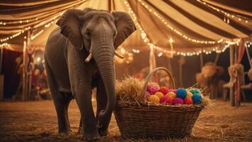 An elephant stands in a circus tent near a basket of colorful balls, creating a whimsical scene. photo