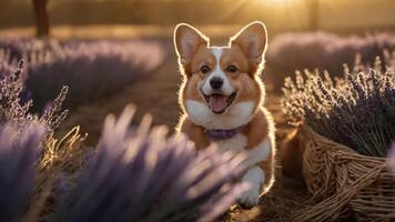A happy corgi running through a lavender field during sunset. photo