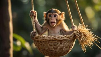 A playful monkey sitting in a woven basket, expressing curiosity and joy in a natural setting. photo