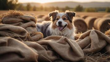 A happy dog resting on burlap in a scenic field at sunset. photo