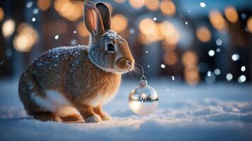 A rabbit in the snow holding a sparkling ornament, creating a festive winter scene. photo