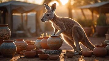 A kangaroo interacting with various decorative pottery in a warm, sunlit setting. photo