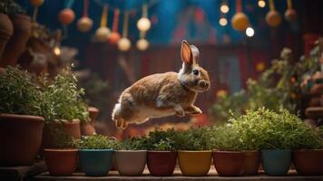 A rabbit leaps over colorful pots of greenery in a vibrant, festive setting. photo