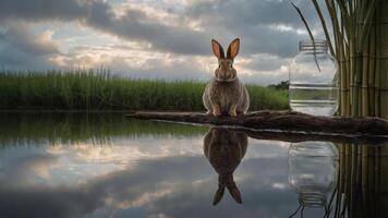 A serene scene featuring a rabbit by a water jar, reflecting clouds and greenery. photo