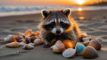 A raccoon sits on a beach surrounded by colorful seashells at sunset. photo