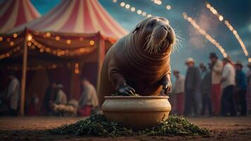 A walrus performing at a circus, surrounded by a festive atmosphere and audience. photo