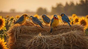 A group of colorful birds perched on a haystack amidst a sunflower field at sunset. photo