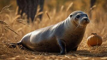 A seal resting on straw with a pumpkin nearby in a natural setting. photo