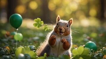 A cheerful squirrel surrounded by clovers and green balloons in a sunlit setting. photo