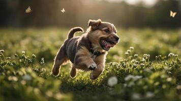 A playful puppy running through a field of flowers, surrounded by butterflies. photo