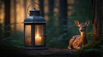 A serene scene in the forest featuring a fawn beside a lantern with a candle. photo