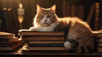 A cat lounging on a stack of books in a warm, cozy setting. photo