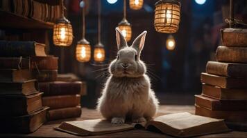 A serene rabbit sits on open books under glowing lanterns in a cozy library setting. photo