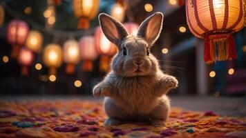 A cute rabbit sits on a colorful rug surrounded by glowing lanterns at dusk. photo