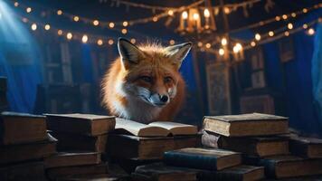 A fox sits among old books in a cozy, illuminated setting, evoking a whimsical atmosphere. photo