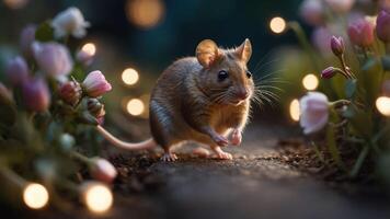 A mouse scurries along a path surrounded by flowers and soft lights in a whimsical setting. photo