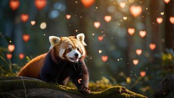 A red panda surrounded by floating hearts in a serene forest setting. photo