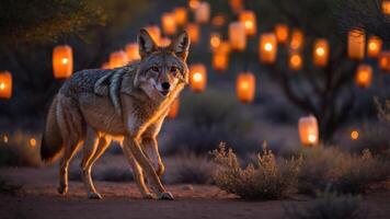 A coyote walks through a desert landscape illuminated by glowing lanterns at dusk. photo