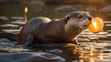 An otter playfully interacts with a lantern in a serene water setting during sunset. photo