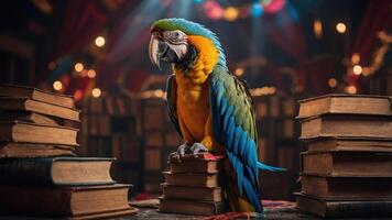 A colorful parrot perched atop stacked books in a cozy, whimsical library setting. photo
