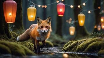 A fox walks through a serene forest with colorful lanterns glowing in the background. photo