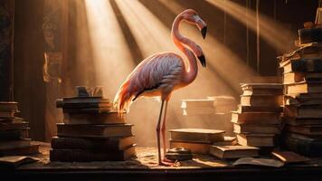 A flamingo stands amidst books, illuminated by soft rays of light in a serene setting. photo