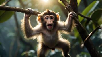 A playful monkey hanging from a branch in a lush, sunlit forest. photo