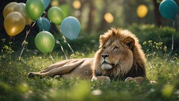 A lion lounging in a grassy area surrounded by colorful balloons. photo