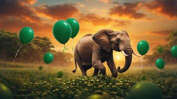 An elephant playfully interacts with green balloons at sunset in a vibrant landscape. photo