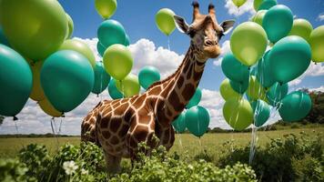 A giraffe stands among green balloons in a sunny field, creating a whimsical atmosphere. photo