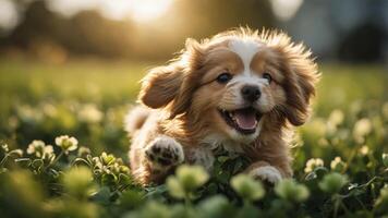 A playful puppy enjoying a sunny day in a grassy field filled with clovers. photo