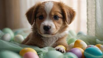 A cute puppy surrounded by colorful Easter eggs on a soft fabric backdrop. photo