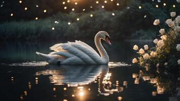 A serene swan gliding on a tranquil lake surrounded by flowers and soft glowing lights. photo