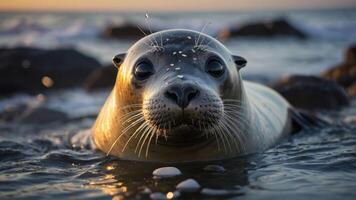 A close-up of a seal in the water, showcasing its whiskers and playful expression. photo