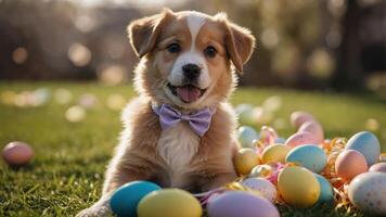 A playful puppy with a bowtie surrounded by colorful Easter eggs on a sunny lawn. photo