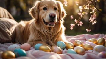 A golden retriever surrounded by colorful Easter eggs on a cozy blanket in a sunny setting. photo