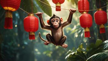 A playful monkey swings among red lanterns in a lush jungle setting. photo