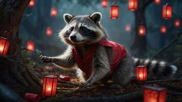 A raccoon in a red vest interacts with glowing lanterns in a whimsical forest setting. photo