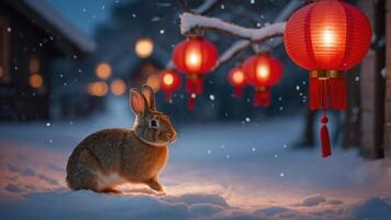 A rabbit in a snowy landscape adorned with red lanterns, creating a festive atmosphere. photo