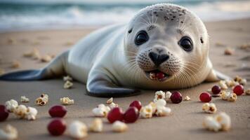 A playful seal on the beach enjoys popcorn and berries. photo