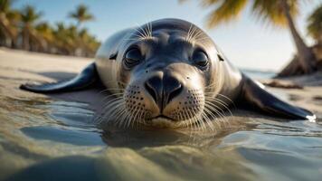 A close-up of a seal resting on the beach, surrounded by water and palm trees. photo