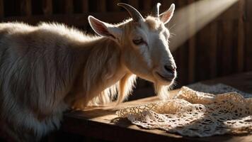 A goat in soft light beside a delicate lace tablecloth in a rustic setting. photo