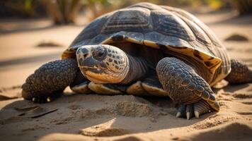 A close-up of a tortoise resting on sandy terrain in a natural setting. photo