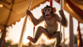 A playful monkey hanging on ropes, showcasing agility and curiosity in a vibrant setting. photo