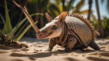 An imaginative creature resembling an armadillo with a long snout on a sandy beach. photo